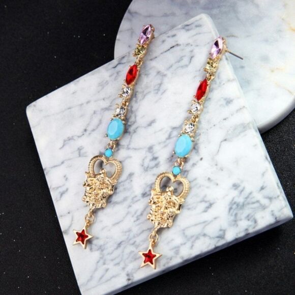Blue Red Rhinestone Crystal Abstract Gold Dangle Statement Earrings - Picture 4 of 6
